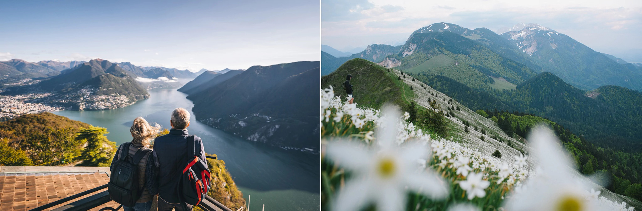 left: couple looking at a river in Slovenia; right: mountains in Switzerland