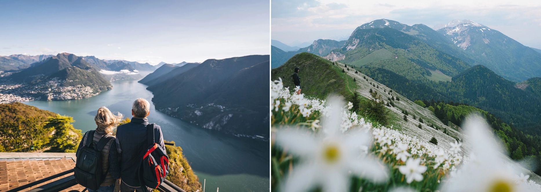 You may want to consider similar but less-expensive destinations left: couple looking at a river in Slovenia; right: mountains in Switzerland