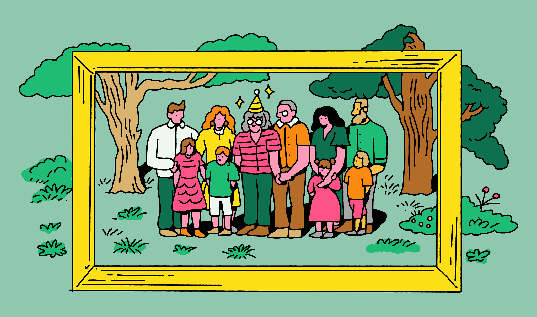 A graphic illustration shows a family outside standing together to have their photo taken, with a giant picture framing them from the foreground