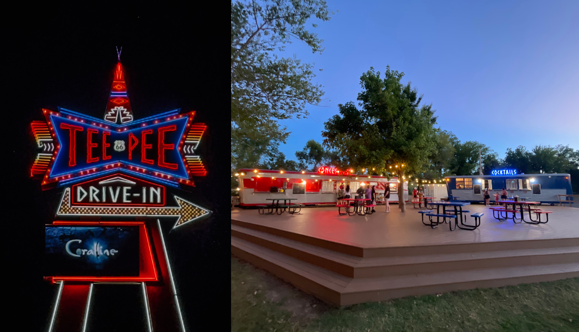 a split image of the tee pee drive in sign and a concession stand area