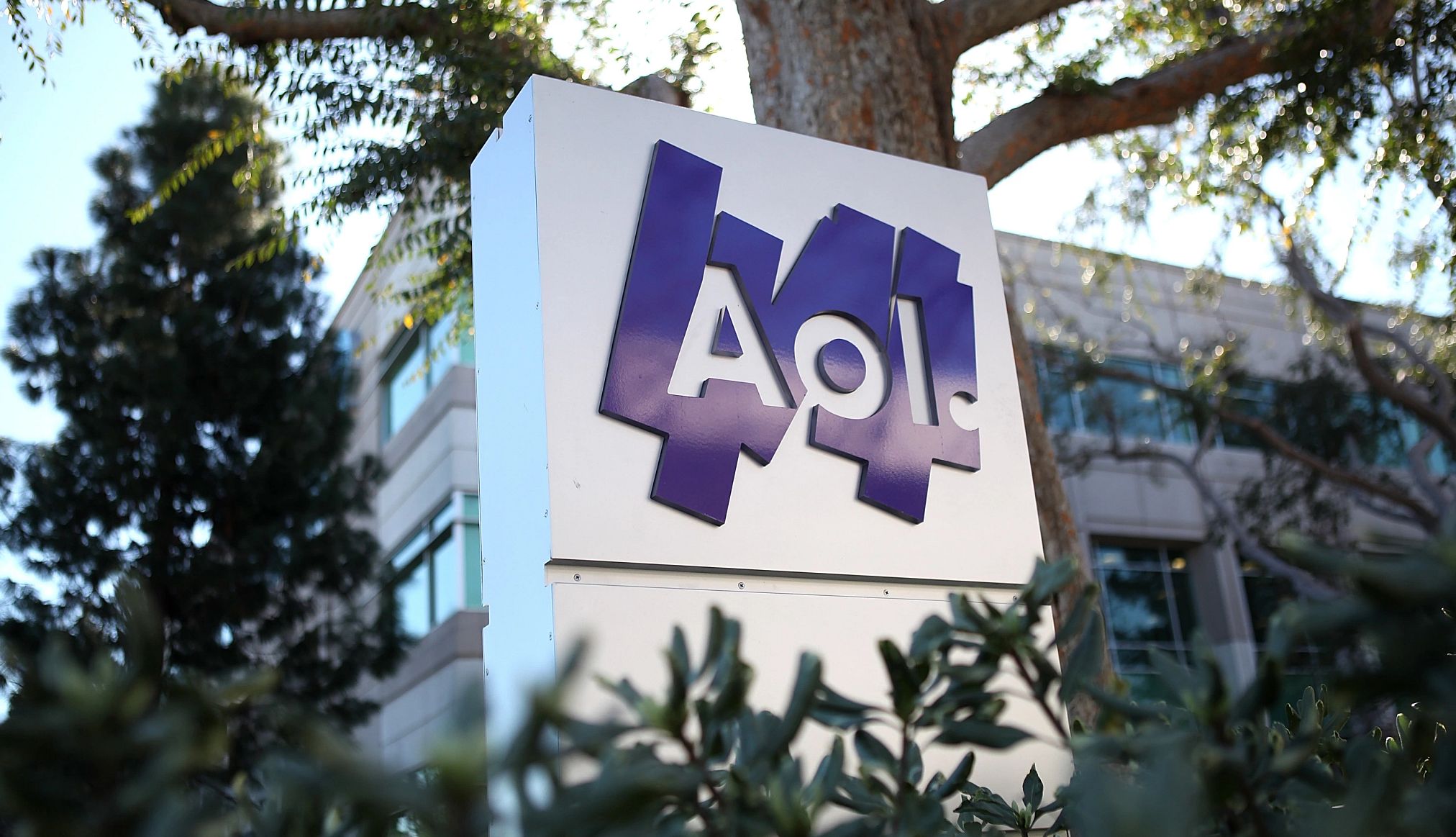AOL Pulls Plug on Dial-Up a photo shows the aol logo outside their Palo Alto offices in 2011