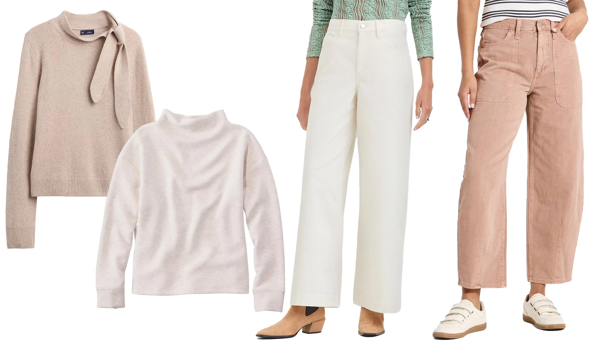 A collage with neutral pants and sweaters for fall.