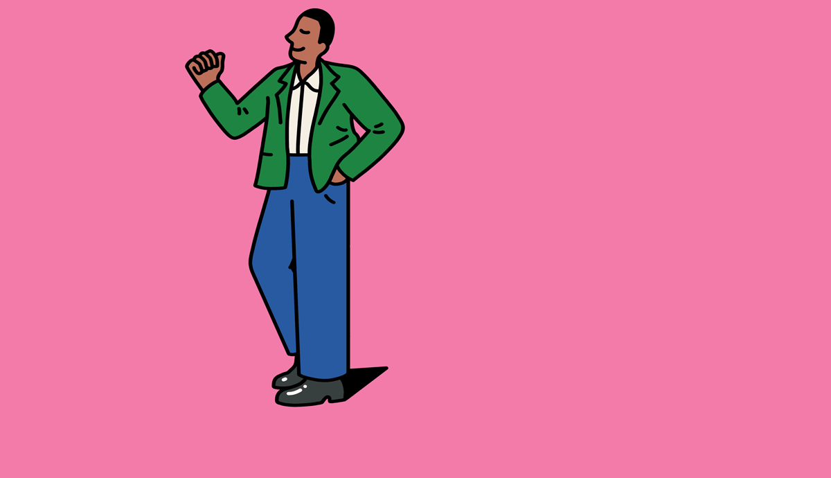 an animation shows a person smiling proudly as they admire the green jacket they are wearing, while their shadow stretches to the shape of a dollar sign
