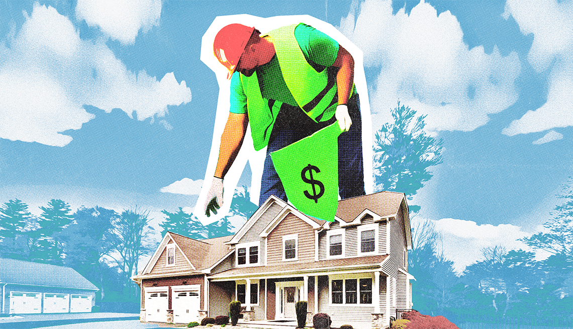 a man in safety gear and a bag with a $ on it stands over a house