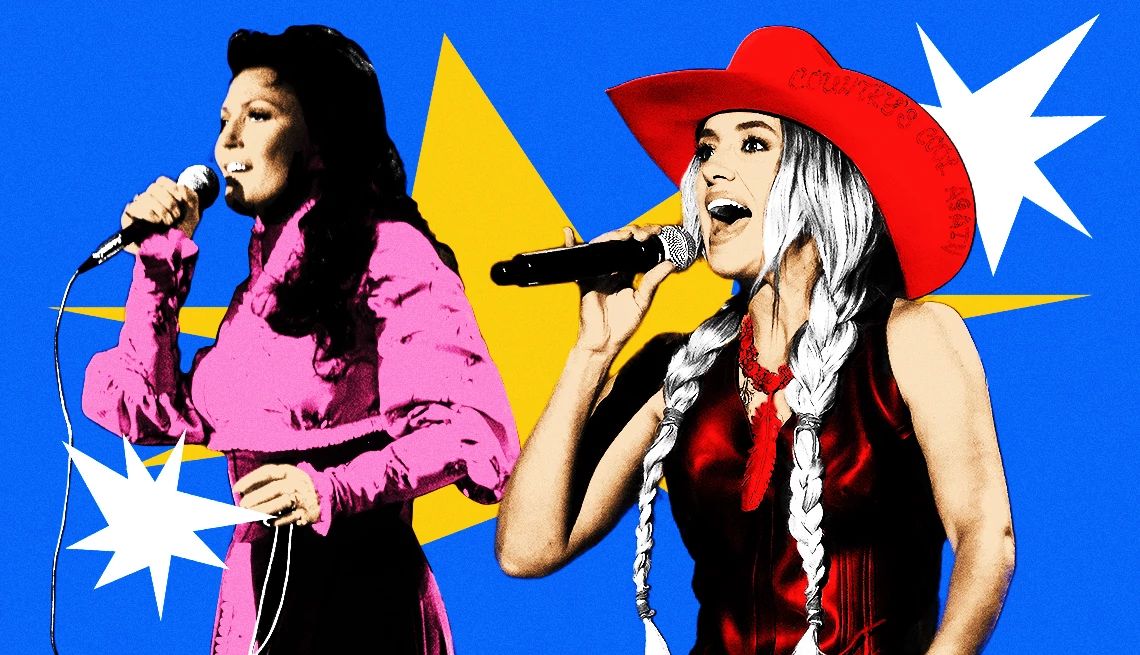 New Bands That Take Us Back a collage of images of loretta lynn and lainey wilson