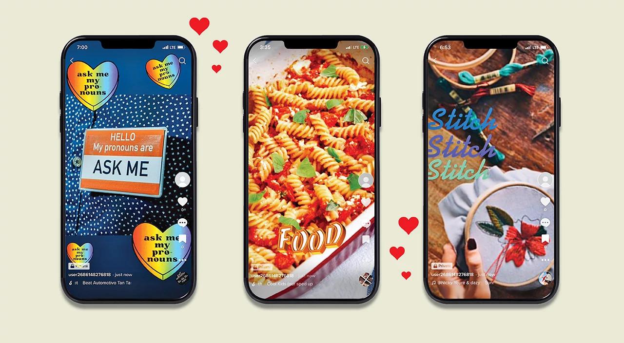 photo collage of 3 phones with tik tok screenshots, tik tok culture