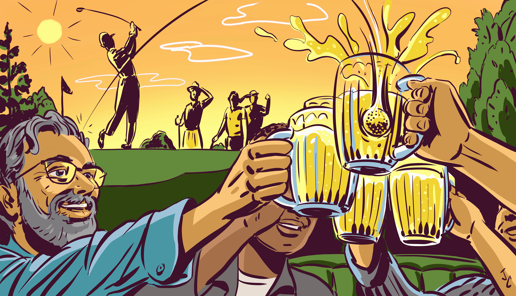 An illustration shows an older adult male raising a mug of beer with friends. In the background a golfer swings on a sunny afternoon. The golf ball lands in one the beer mugs.