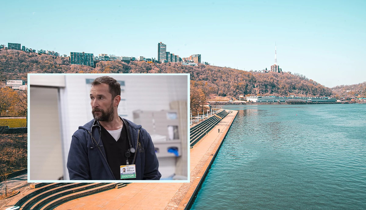 An image of “The Pitt” star overlaid on a shot of pittsburgh