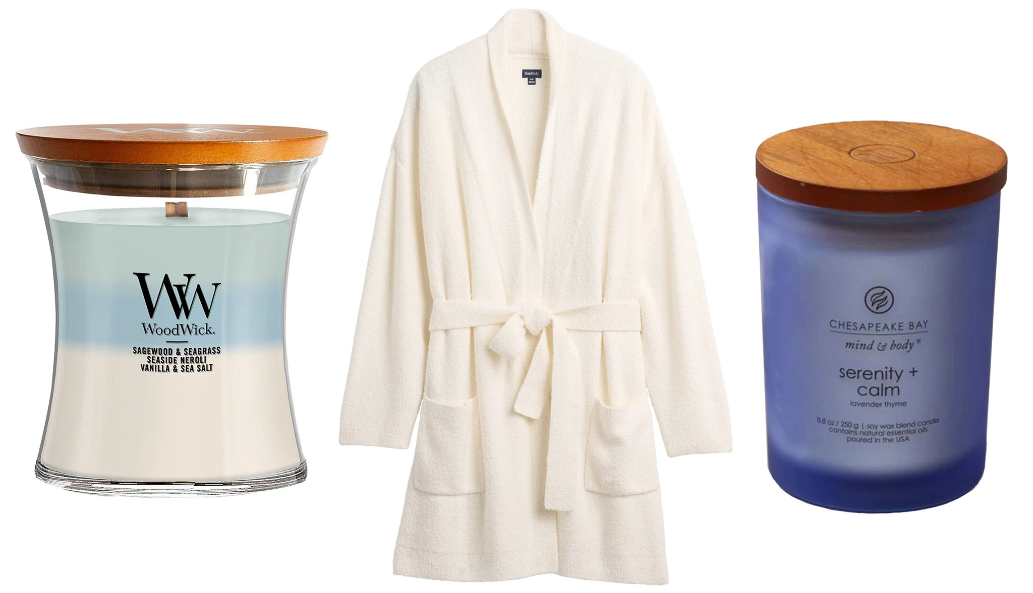 a collage with two scented candles and a plush bathrobe