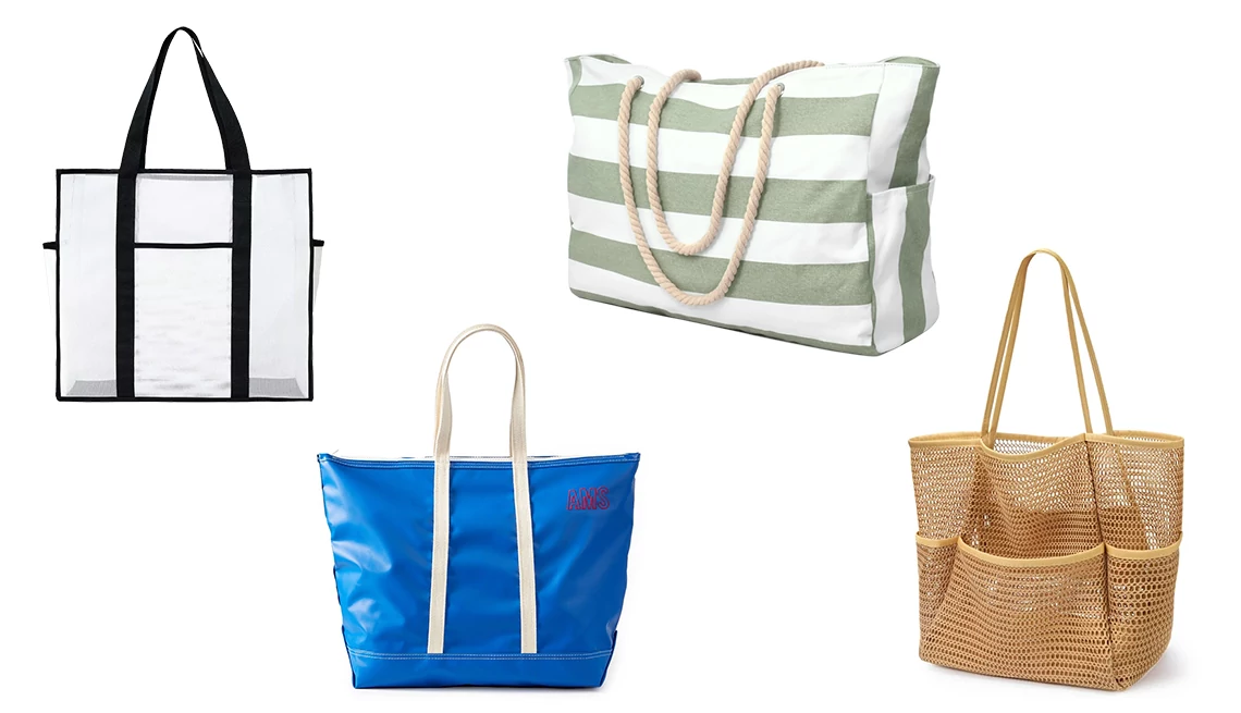 Beach bags Shade & Shore Mesh Tote Handbag in White/Black; Mark & Graham x Steele Waterproof Zip-Top Tote in Large True Blue; Oscaurt Large Beach Tote in Light Green; KPX Mesh Beach Bag With Pockets in Khaki