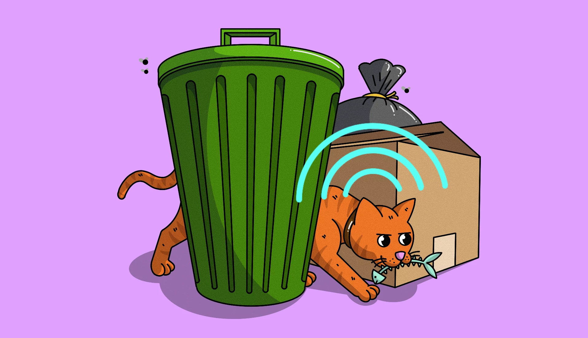 a cartoon-style illustration shows a cat roaming around a trash can with a fish skeleton in its mouth