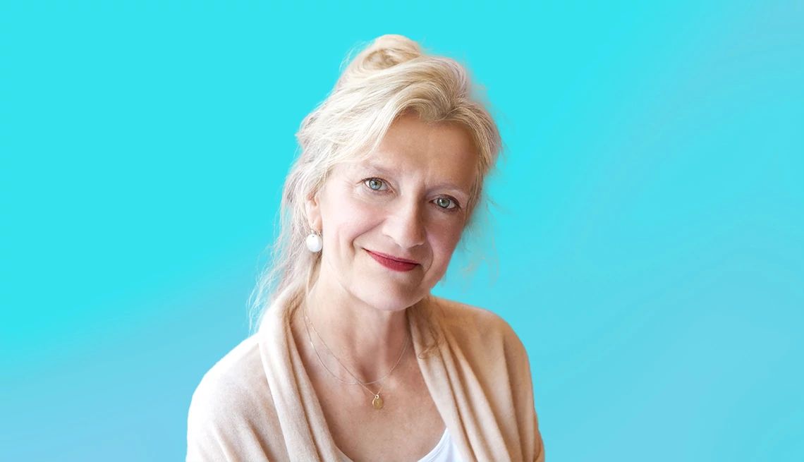 Author Elizabeth Strout Is at Peace With Aging Elizabeth Strout against a blue background