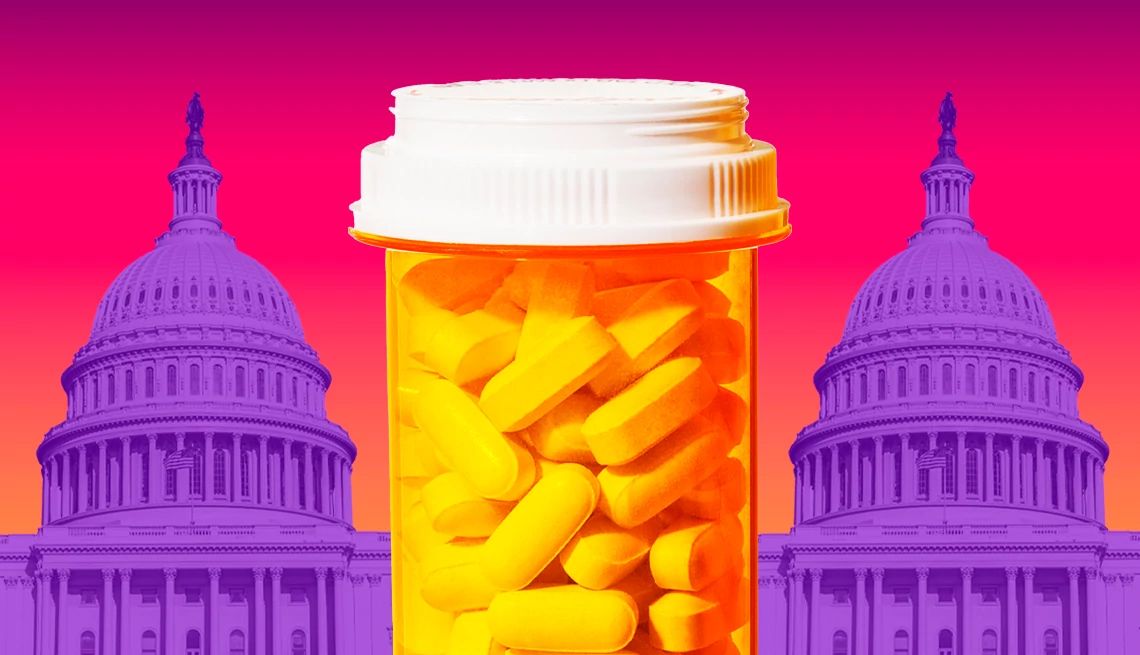 Una botella de píldoras recetadas entre dos imágenes del Capitolio de Estados Unidos en morado sobre un fondo rojo.