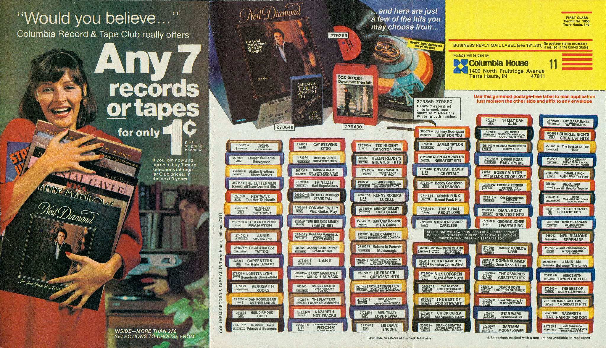 A vintage advertisement for Columbia House, showing a happy person clutching an armful of records alongside a long list of popular albums from which a prospective member could choose to receive twelve for one cent