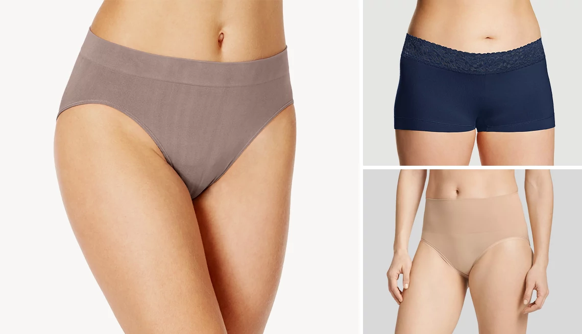 Bali One Smooth U All-Over Smoothing Hi Cut Brief Underwear Style 2362 in Warm Steel; Maidenform Dream Cotton Lace-Trim Boyshort Underwear Style 40859 in Navy; Jockey Generation Women’s High-Waist Underwear in Beige
