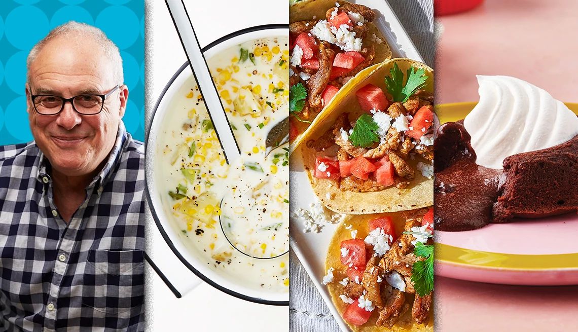 Late Summer Tastes Delicious A four-part photo collage combines (from left); Mark Bittman, Corn and Cheddar Chowder, Crisp Pork and Watermelon Tacos and Hot Lava Fudge Cakes.