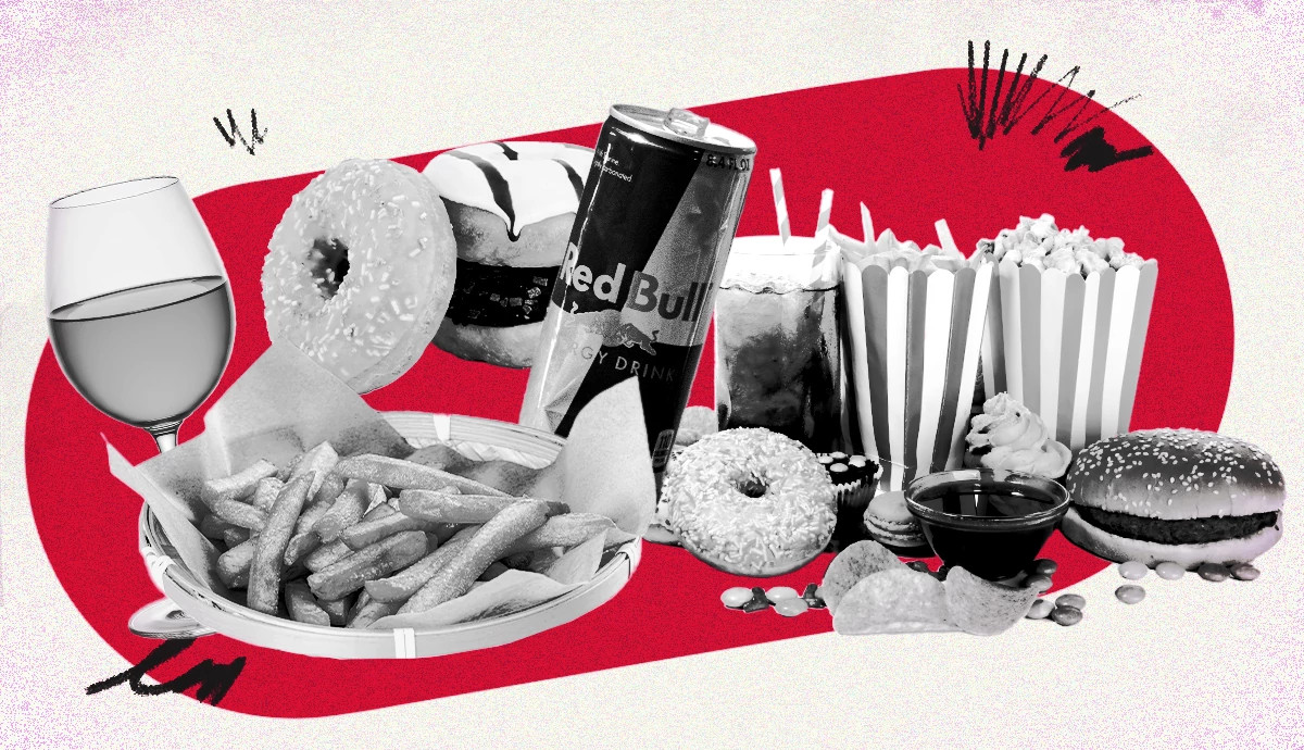 An artistic collage featuring a variety of foods and drinks that can increase stress, including french fries, frosted donuts, a glass of wine, an energy drink, a hamburger, popcorn, and sugary snacks displayed against a red graphic backdrop.