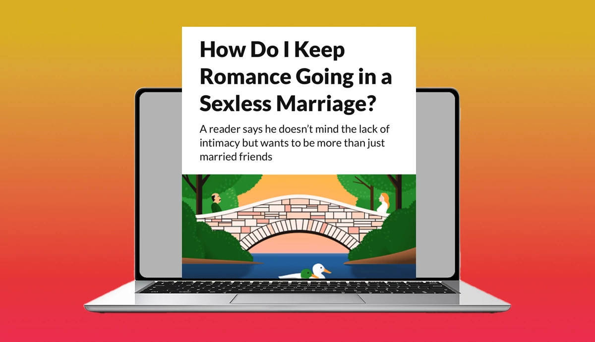 a graphic illustration shows an open laptop displaying the web page for the in the mood column: how do I keep romance going in sexless marriage