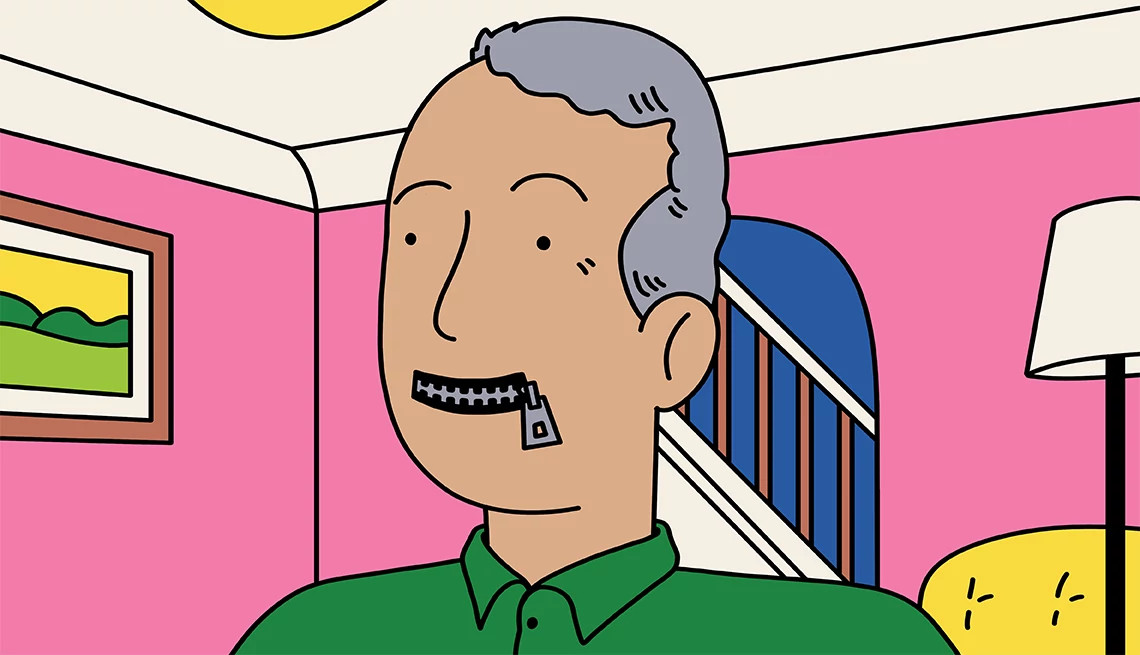 a man with zipped lips stands inside a house 