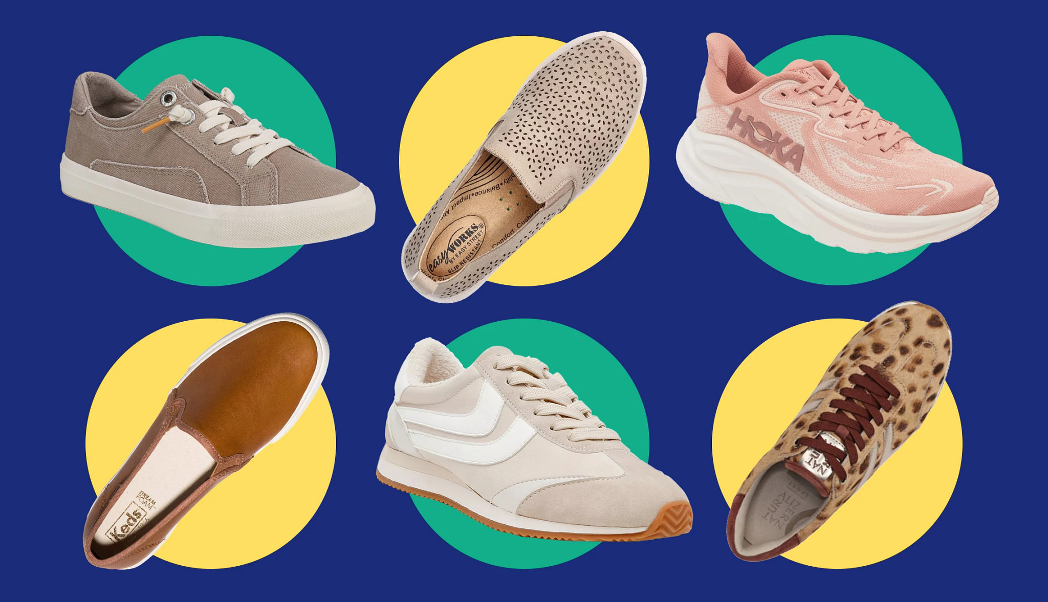 a collage with sneakers in various styles and colors over colorful circles