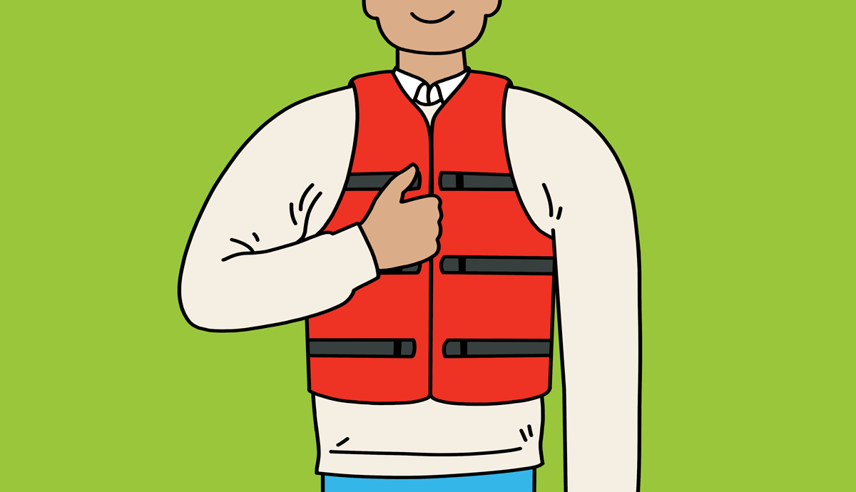 a person wearing a life jacket opens the jacket to reveal pockets full of cash