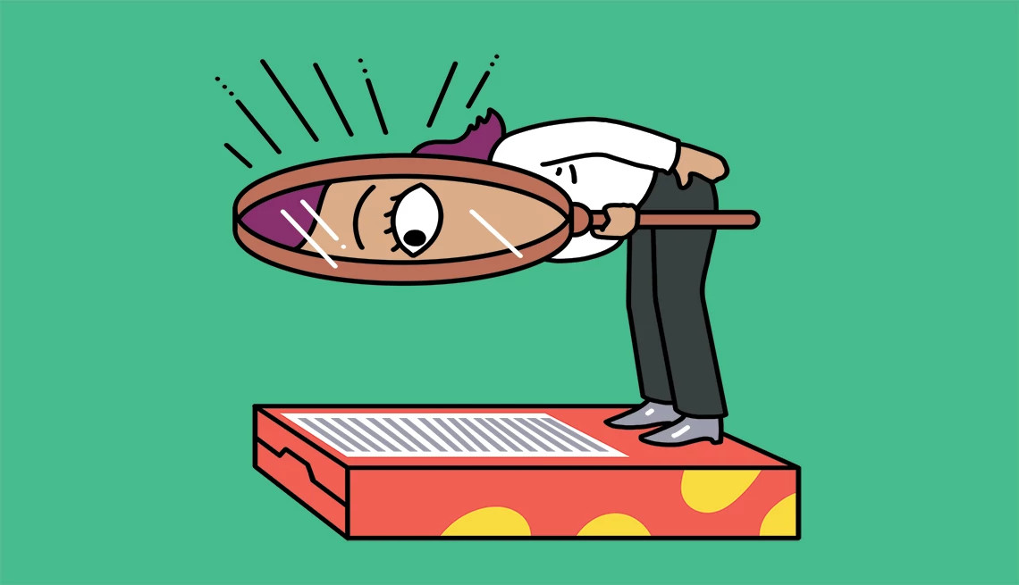 illustration of a woman using a large magnifying glass to read nutrition label