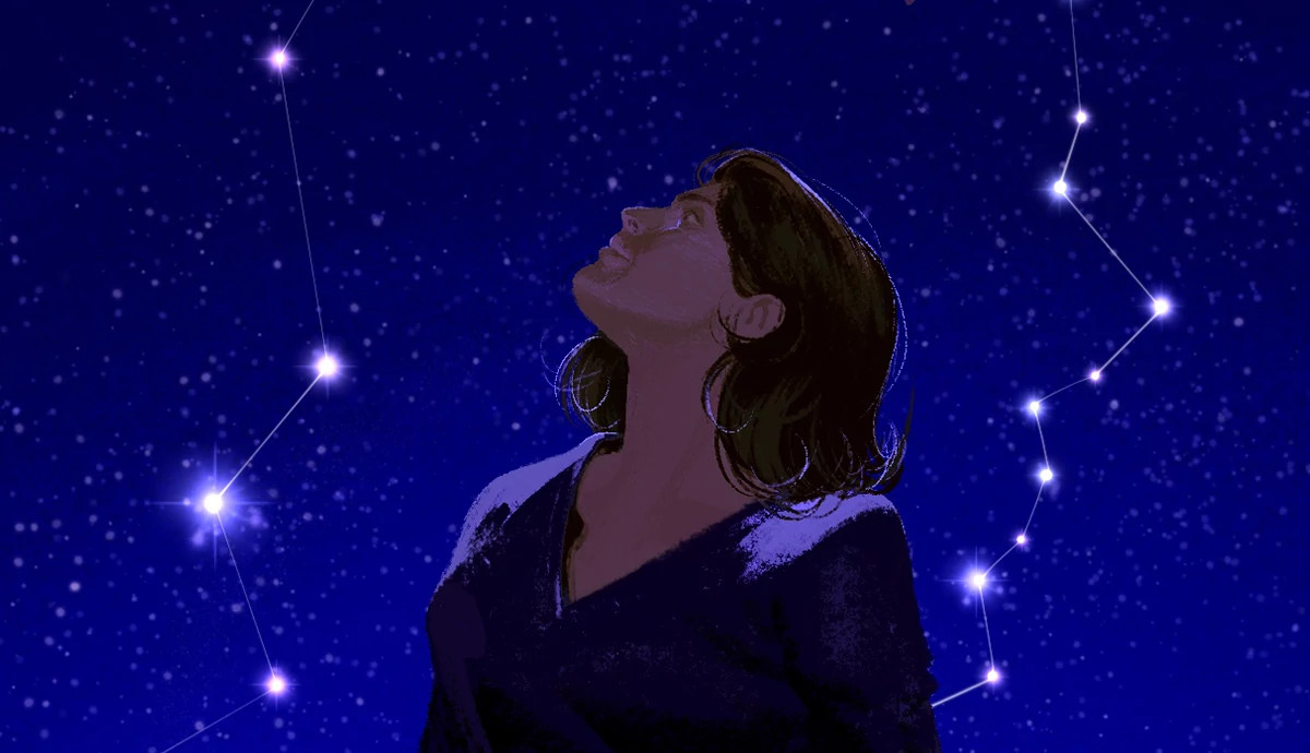 Illustration of a woman looking up at the stars in the dark sky