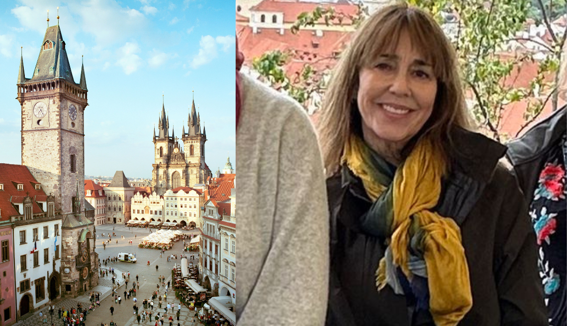 Retirementmoon a split image of prague and a woman smiling