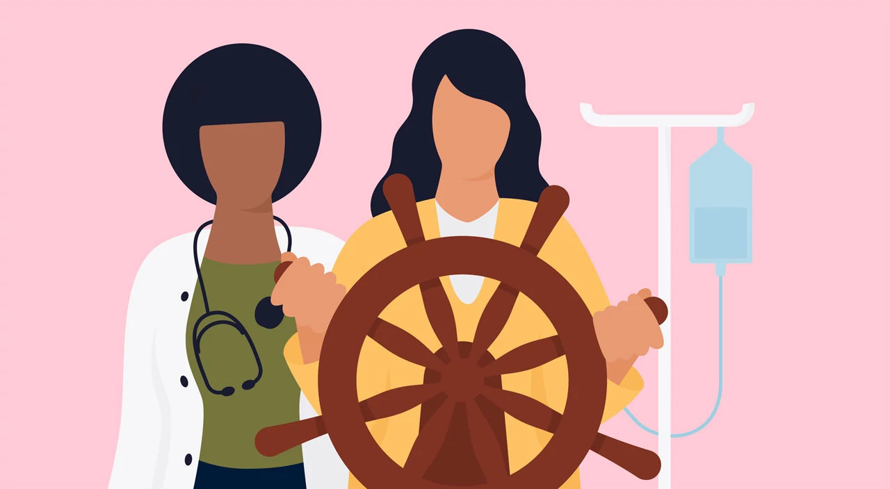 illustration of female cancer patient standing behind boat steering wheel