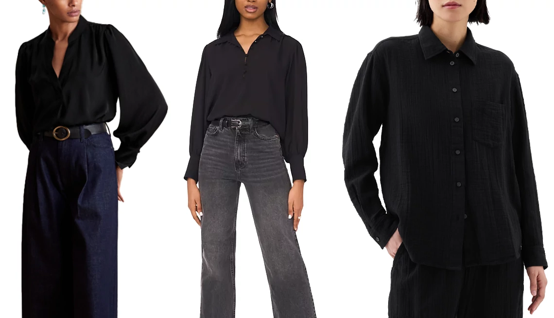 Banana Republic Factory Volume-Sleeve Blouse in Black; 1.State Women’s Shirred Long-Sleeve Button Cuff Blouse in Rich Black; Gap Factory Gauze Big Shirt in Black