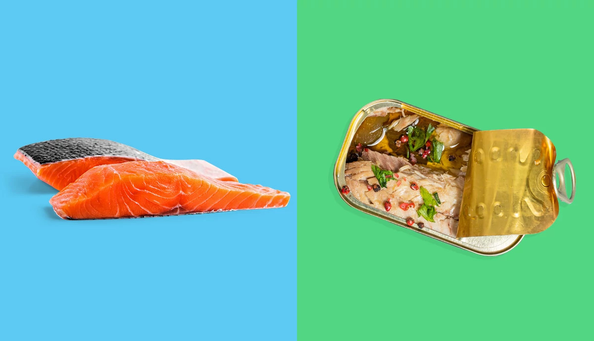Fresh seafood next to canned seafood.