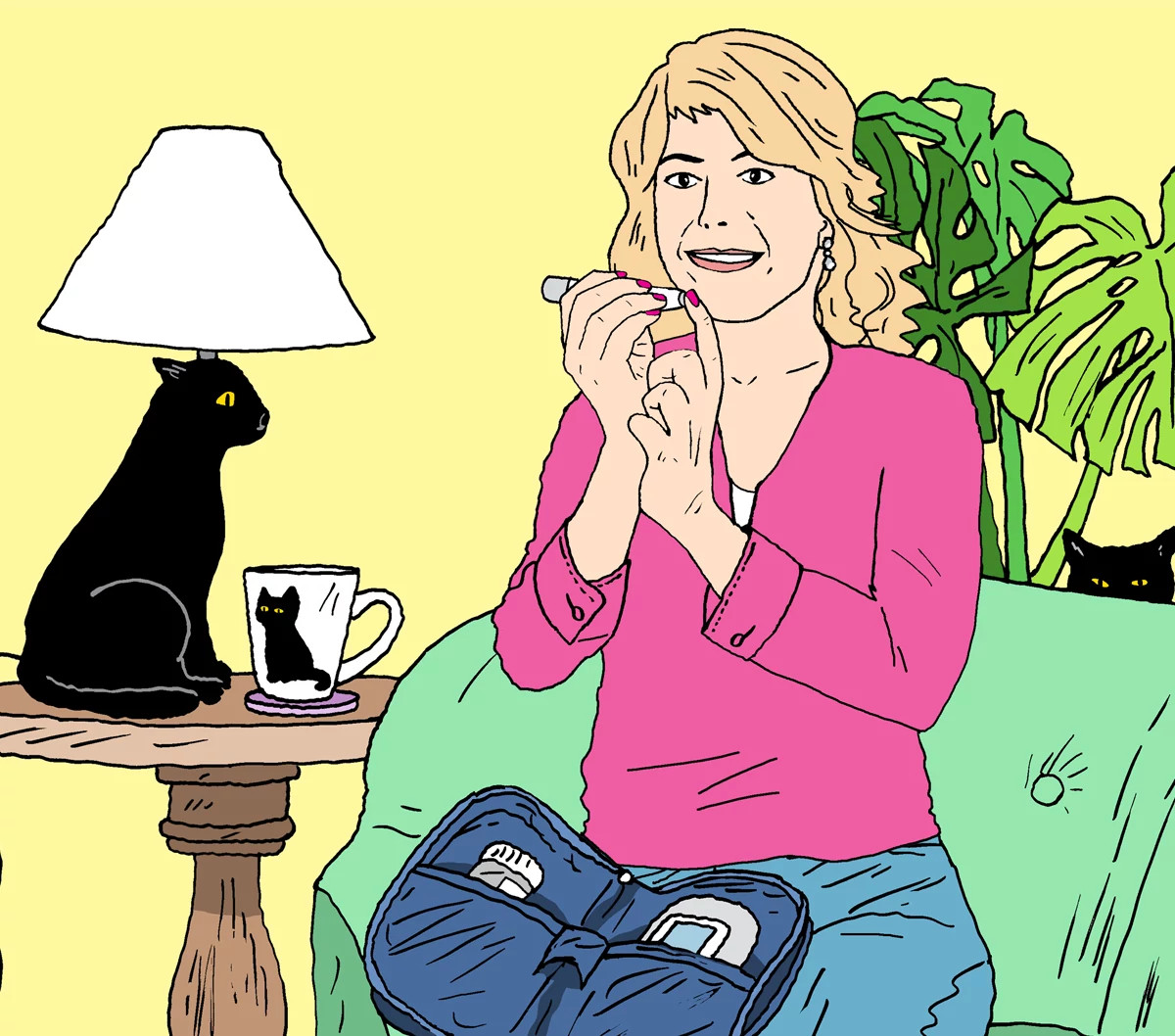 Cartoon illustration of a woman testing her blood glucose levels at home.