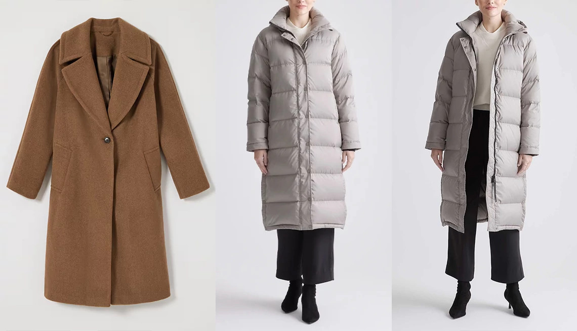a collage with different styles of long winter coats