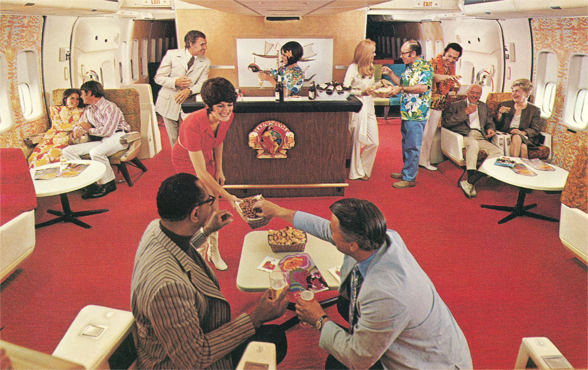 a vintage lounge on an airplane