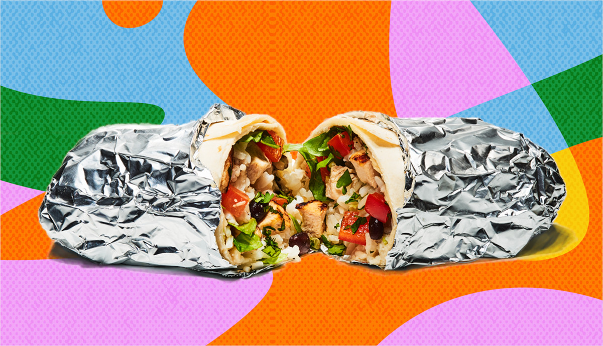 a photo and graphic illustration shows a burrito covered in foil, cut in half