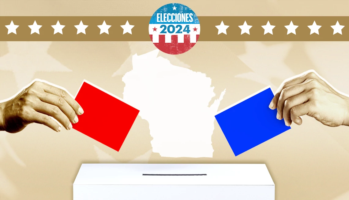 Dos manos colocan una papeleta roja y azul en una urna, frente al mapa de Wisconsin