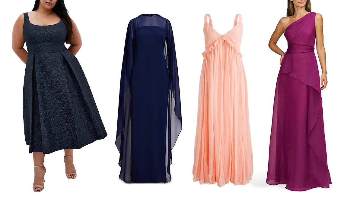 City Chic Plus Size Estelle Dress in Navy; Lauren Ralph Lauren Georgette Cape Gown in Navy; Collection Ruffle-Trim Midi Dress in Crinkled Cupro in Blushed Peach; JS Collections Seraphina One-Shoulder Organza Gown in Violet Rose