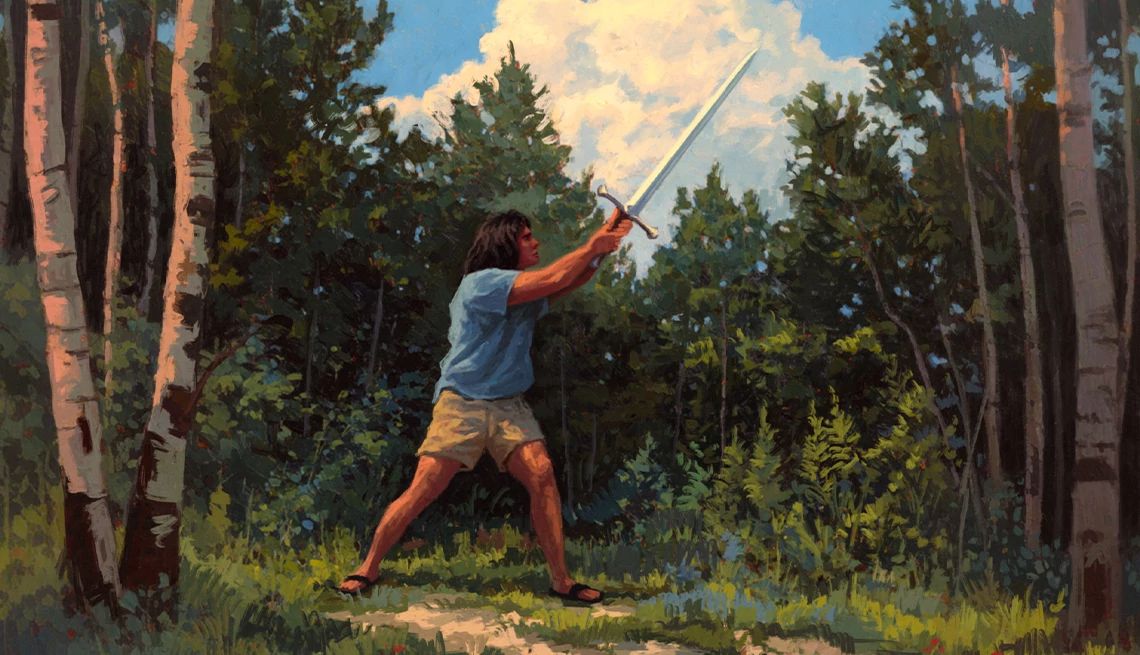 a person swinging a replica of the legendary sword Anduril, Flame of the West