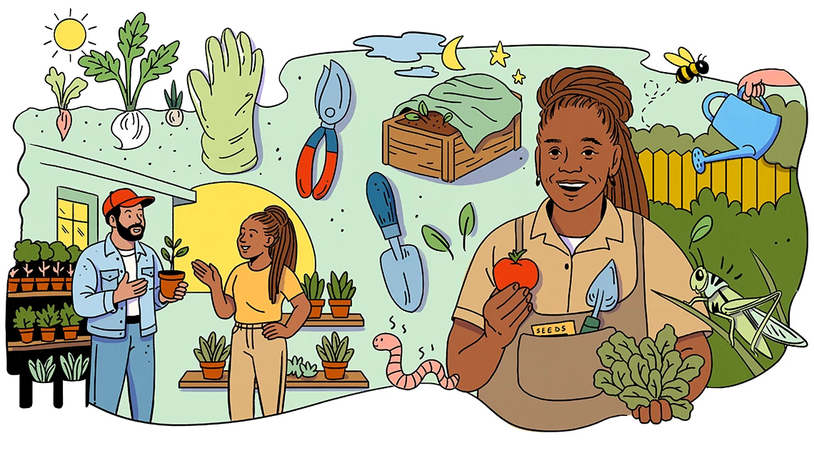 an illustrated collage shows top gardener Cynthia Hall helping a customer at Free Haven Farms in New Jersey. Various gardening images like gloves snippers and plants are superimposed on the illustration