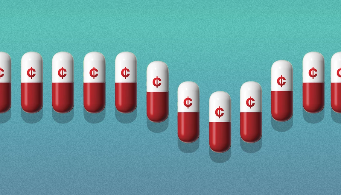 Precios más bajos de Medicare para estos 64 medicamentos Pastillas blancas y rojas con el símbolo de centavos.