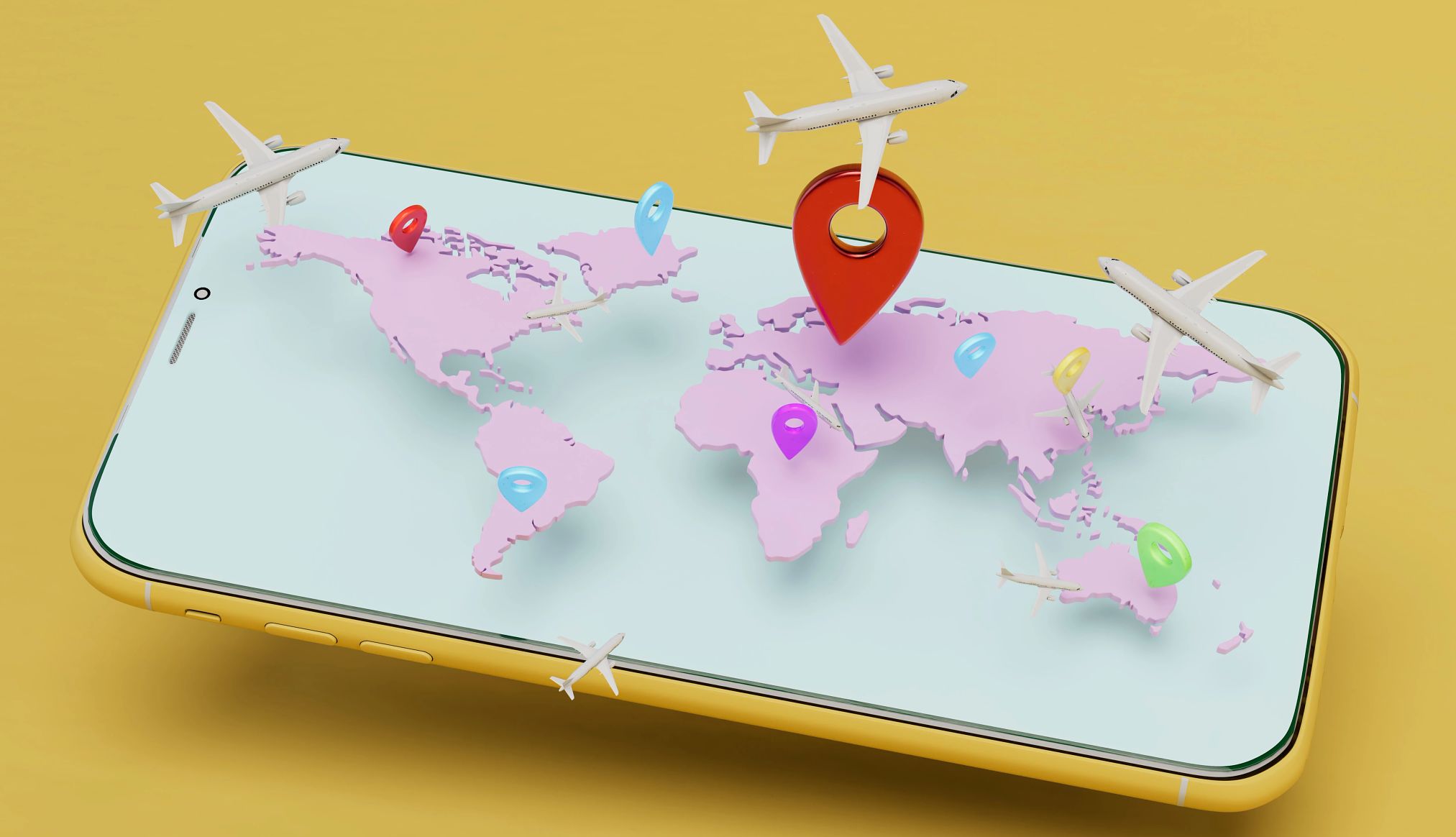 Ilustración de un teléfono inteligente con imágenes 3D de aviones sobrevolando un mapa del mundo