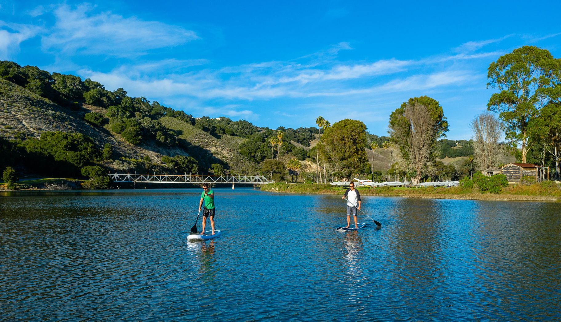 Nostalgic Beach Getaways two men paddle boarding in the water