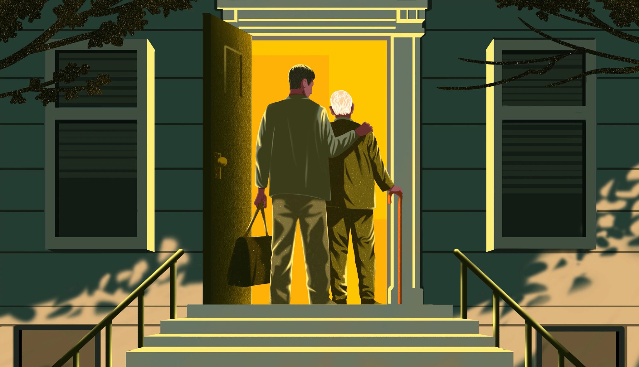 Caregiving for a Parent two people walking into a doorway
