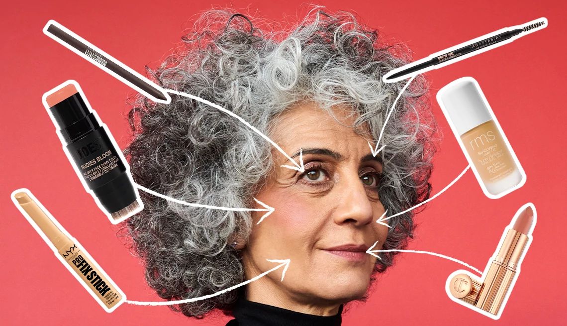 Worst Makeup Mistakes a woman with various makeup products