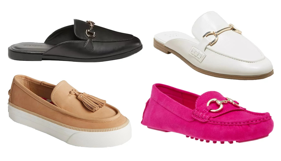 Sperry Women’s Sea Sailor Platform Loafers in Tan; A New Day Women’s Sandy Mule Flats With Memory Foam Insole in Black; Old Navy Women Faux Leather Loafer Mules in Bone; Anne Klein Women’s Chrystie Moccasin Driver Loafers in Pink