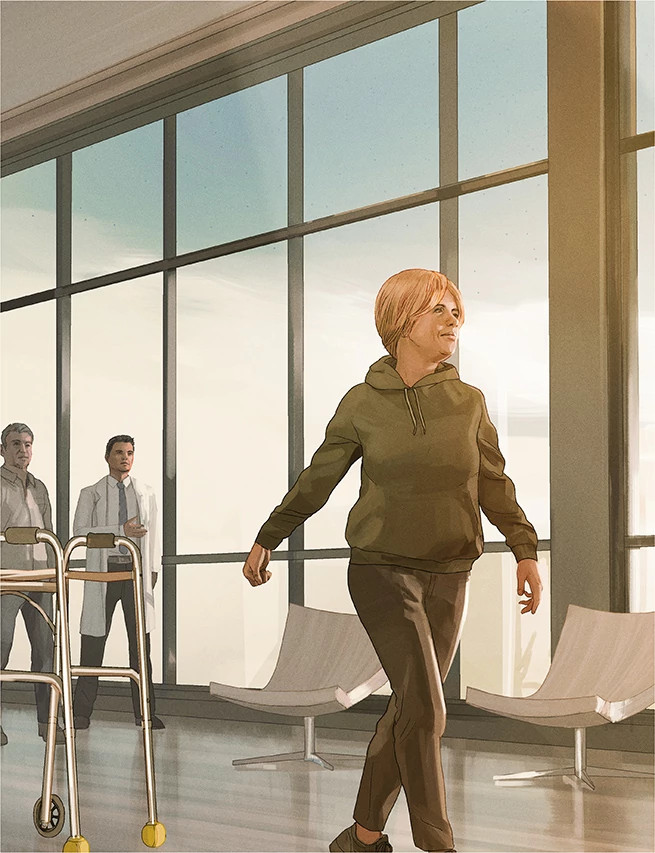 Sandra walking on her own without a cane