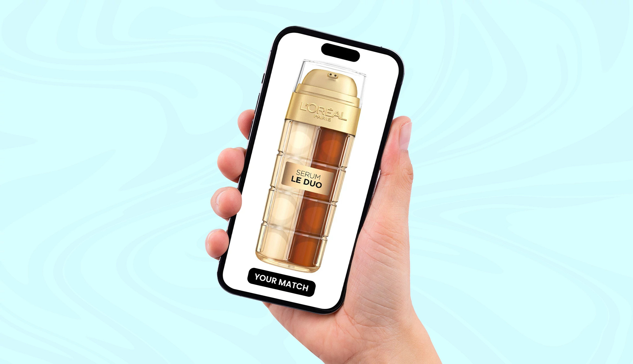 a hand holding a smartphone that is displaying a photo of loreal paris age perfect le duo makeup