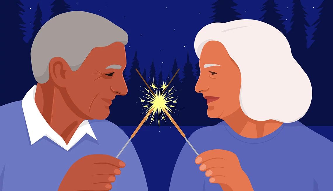 Older Adult Dating A graphic illustration shows an older adult couple at night, with woods in the background, with sparklers in their hands, touching the sticks together.