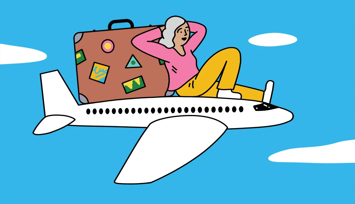 a person riding on an airplane with their luggage