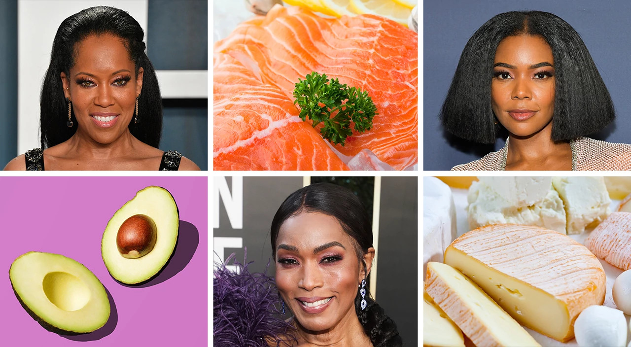 photo collage of supplements and superfoods and black female actresses, gabrielle union, Angela Bassett, regina king